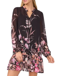 CeCe Long Sleeve Printed Dress With Tie Front Rich Black Outlet