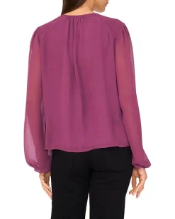 Women Vince Camuto Long Sleeve Ruched Shoulder Tie Neck Blouse