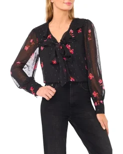 CeCe Long Sleeve Ruffle Tie Neck Top Rich Black Sale