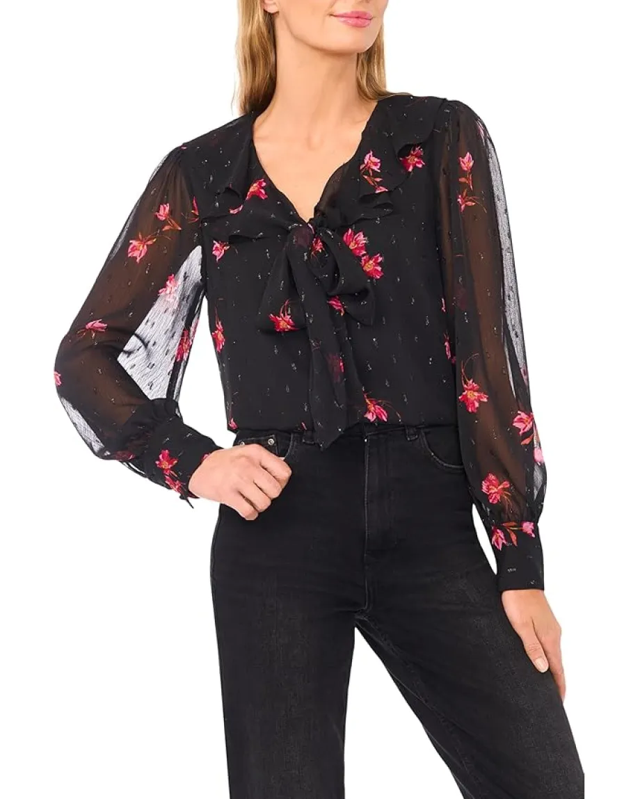 CeCe Long Sleeve Ruffle Tie Neck Top Rich Black Sale