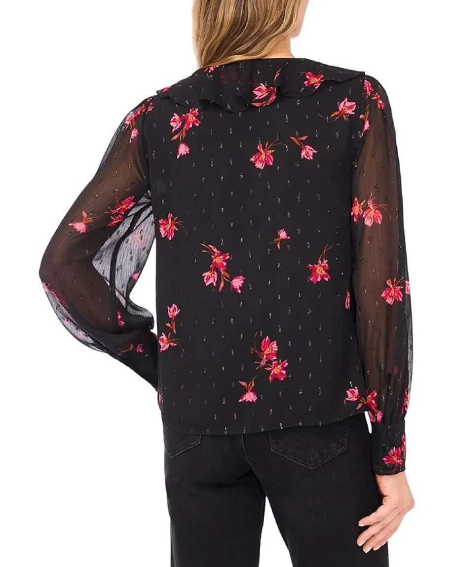 CeCe Long Sleeve Ruffle Tie Neck Top Rich Black Sale