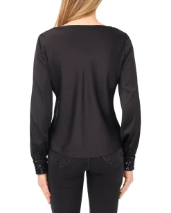 CeCe Long Sleeve Satin Cowl Neck Top Rich Black Hot