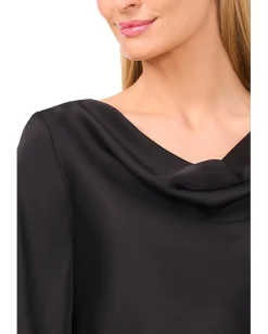 CeCe Long Sleeve Satin Cowl Neck Top Rich Black Hot