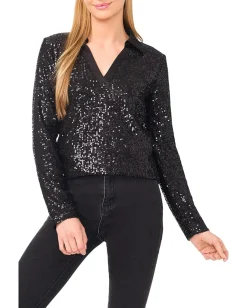 Women CeCe Long Sleeve Sequin Polo Top