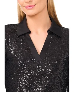 Women CeCe Long Sleeve Sequin Polo Top