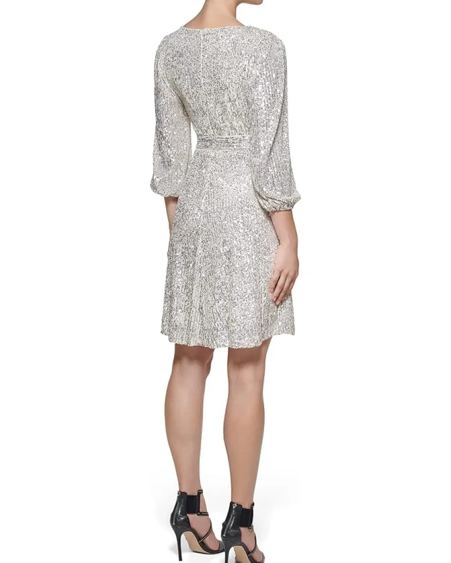 DKNY Long Sleeve Sequin Surplice Faux Wrap Silver Discount