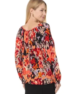 Liverpool Los Angeles Long Sleeve Shirred Woven Blouse Crepe Georgette Burnt Orange Floral Sale