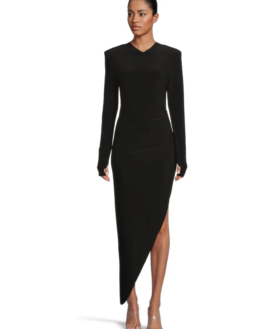 Women Norma Kamali Long Sleeve Shoulder Pad V-Neck Side Drape Gown
