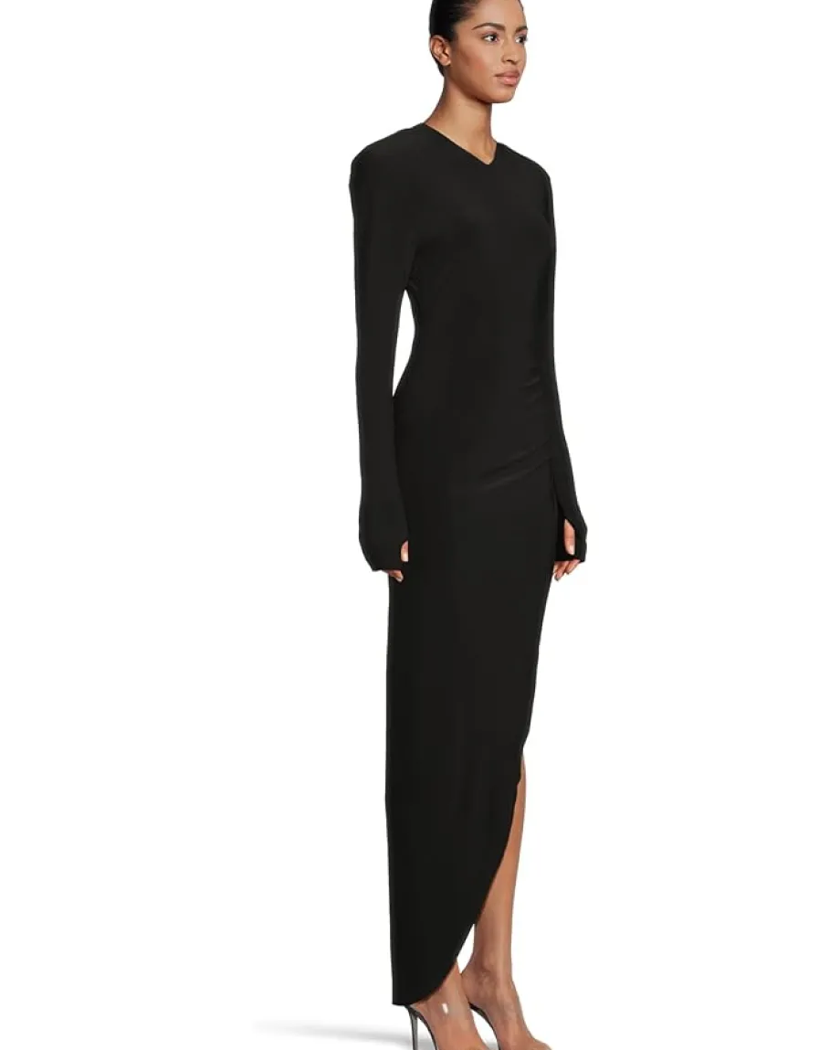 Women Norma Kamali Long Sleeve Shoulder Pad V-Neck Side Drape Gown