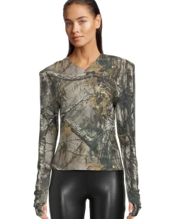 Women Norma Kamali Long Sleeve Shoulder Pad V-Neck Top