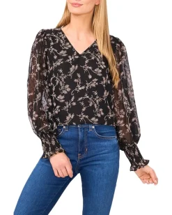 Women CeCe Long Sleeve Smocked Cuff Clip Dot Top