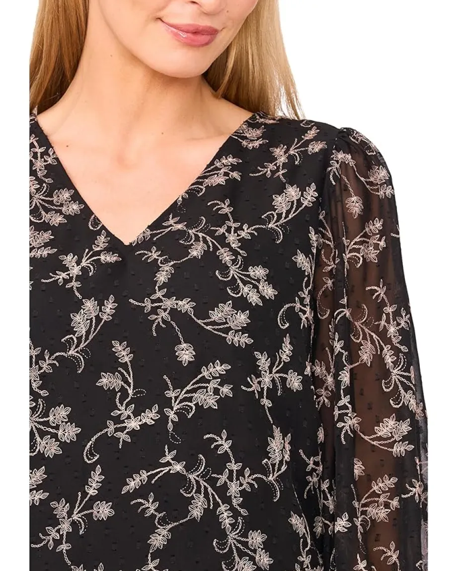 Women CeCe Long Sleeve Smocked Cuff Clip Dot Top