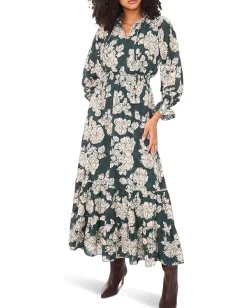 Vince Camuto Long Sleeve Smocked Waist Tiered Ruffle Forest Night Hot