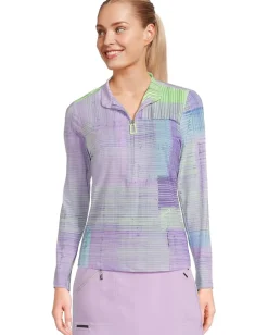 Jamie Sadock Long Sleeve Tartan Print Sunsense 1/4 Zip Top Lilac Purple New