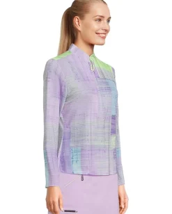 Jamie Sadock Long Sleeve Tartan Print Sunsense 1/4 Zip Top Lilac Purple New