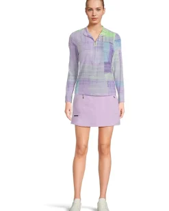 Jamie Sadock Long Sleeve Tartan Print Sunsense 1/4 Zip Top Lilac Purple New
