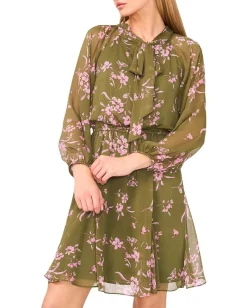 Women CeCe Long Sleeve Tie Neck Printed Dress