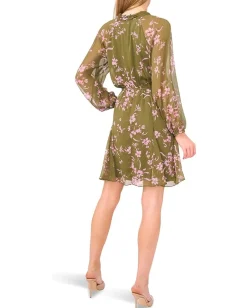Women CeCe Long Sleeve Tie Neck Printed Dress