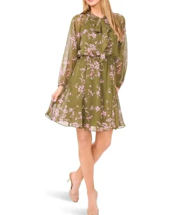 Women CeCe Long Sleeve Tie Neck Printed Dress