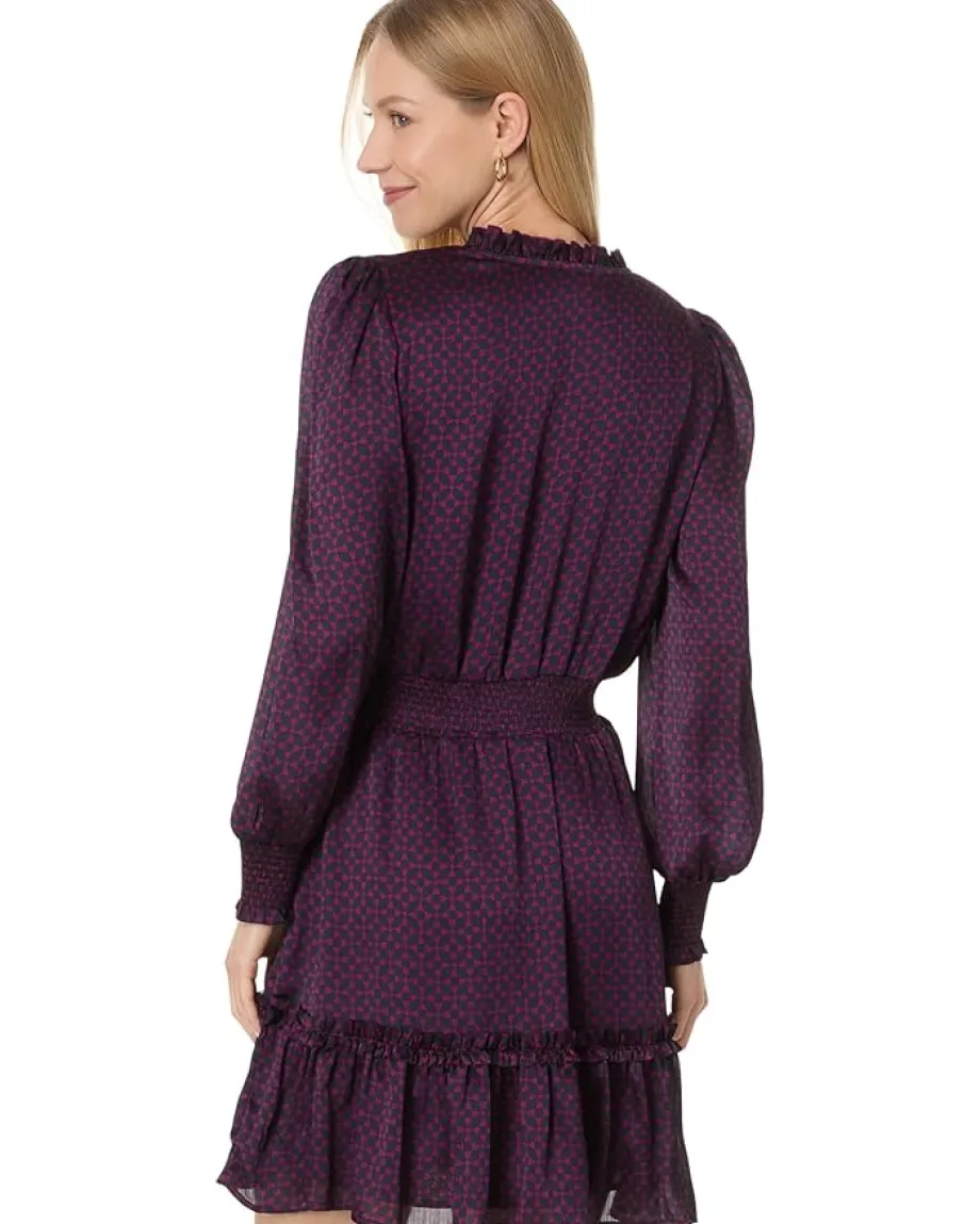 CeCe Long Sleeve Tie Neck Short Dress With Smocked Waist Pickled Beet Outlet