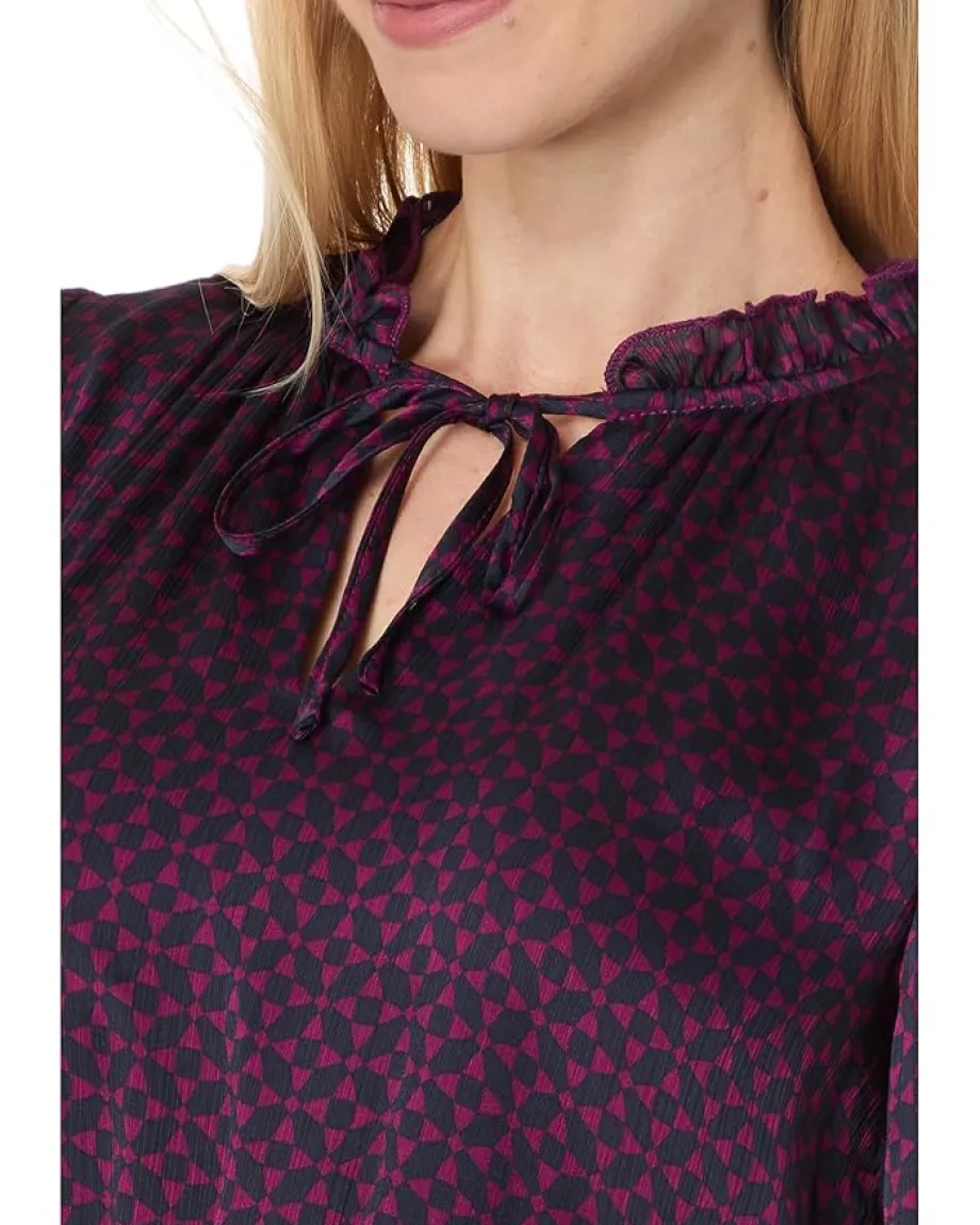 CeCe Long Sleeve Tie Neck Short Dress With Smocked Waist Pickled Beet Outlet