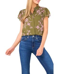 Women CeCe Long Sleeve Tie V-neck Ruffled Top