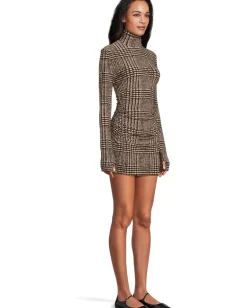 Norma Kamali Long Sleeve Turtleneck Pickleball Dress Choc Glenn Plaid Twd Online