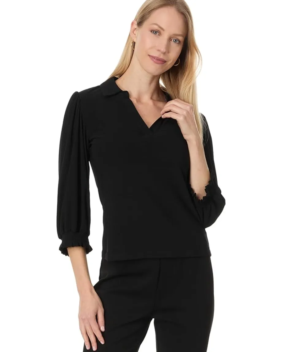 CeCe Long Sleeve V-Neck Blouse W/Smocking Cuff Rich Black Hot