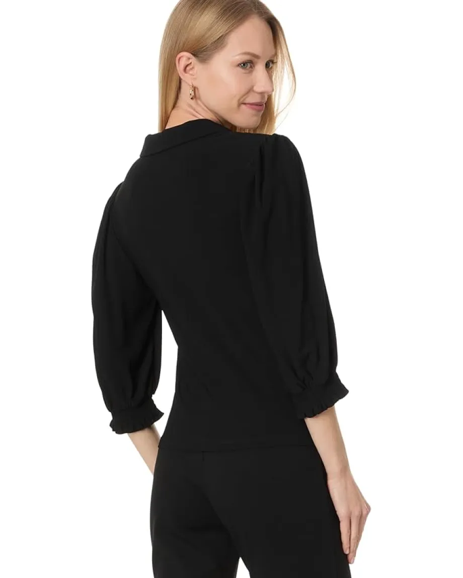 CeCe Long Sleeve V-Neck Blouse W/Smocking Cuff Rich Black Hot