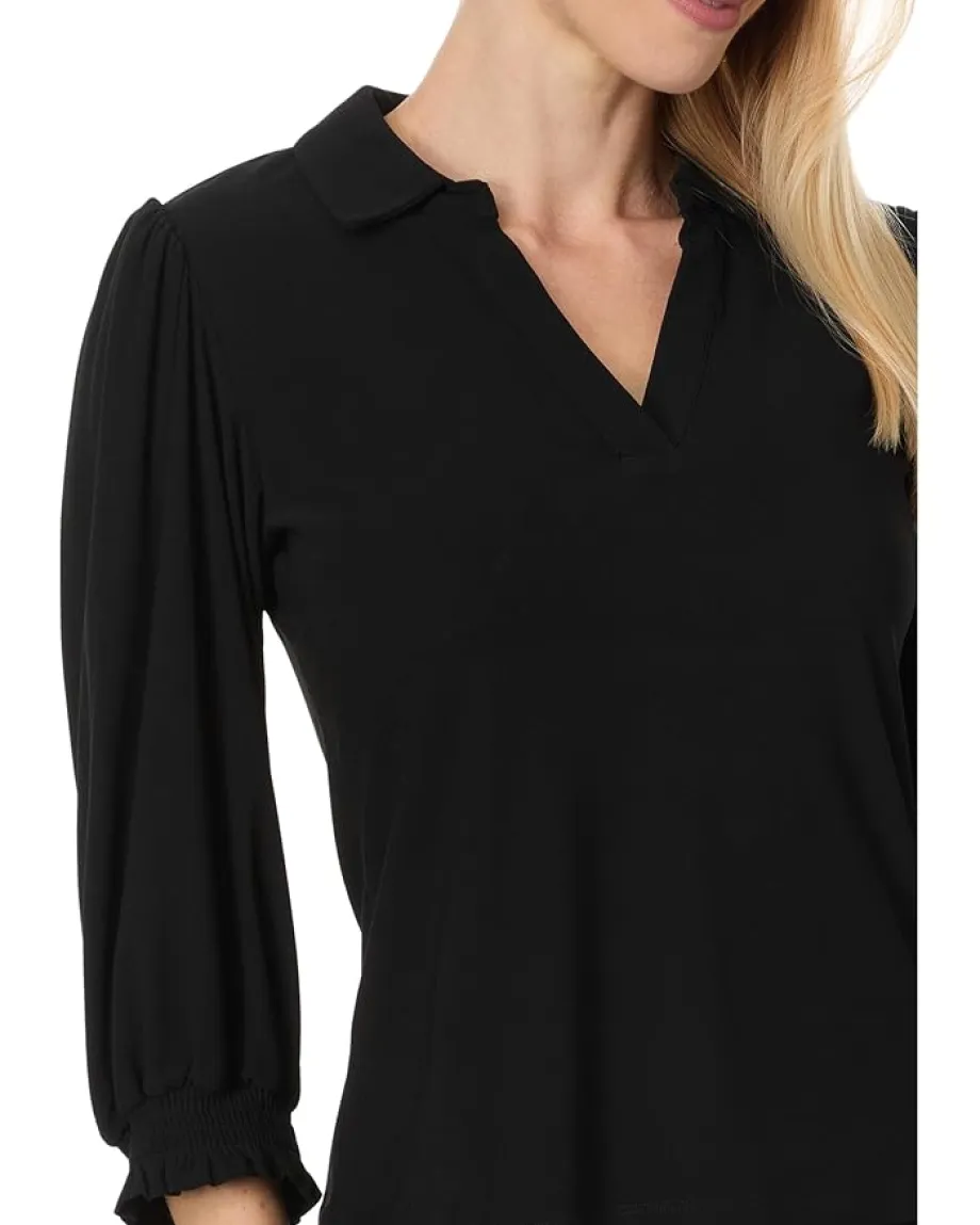 CeCe Long Sleeve V-Neck Blouse W/Smocking Cuff Rich Black Hot
