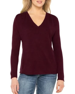 Liverpool Los Angeles Long Sleeve V-Neck Knit Top W/ Shirring Maroon Melange New