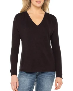 Women Liverpool Los Angeles Long Sleeve V-Neck Knit Top W/ Shirring