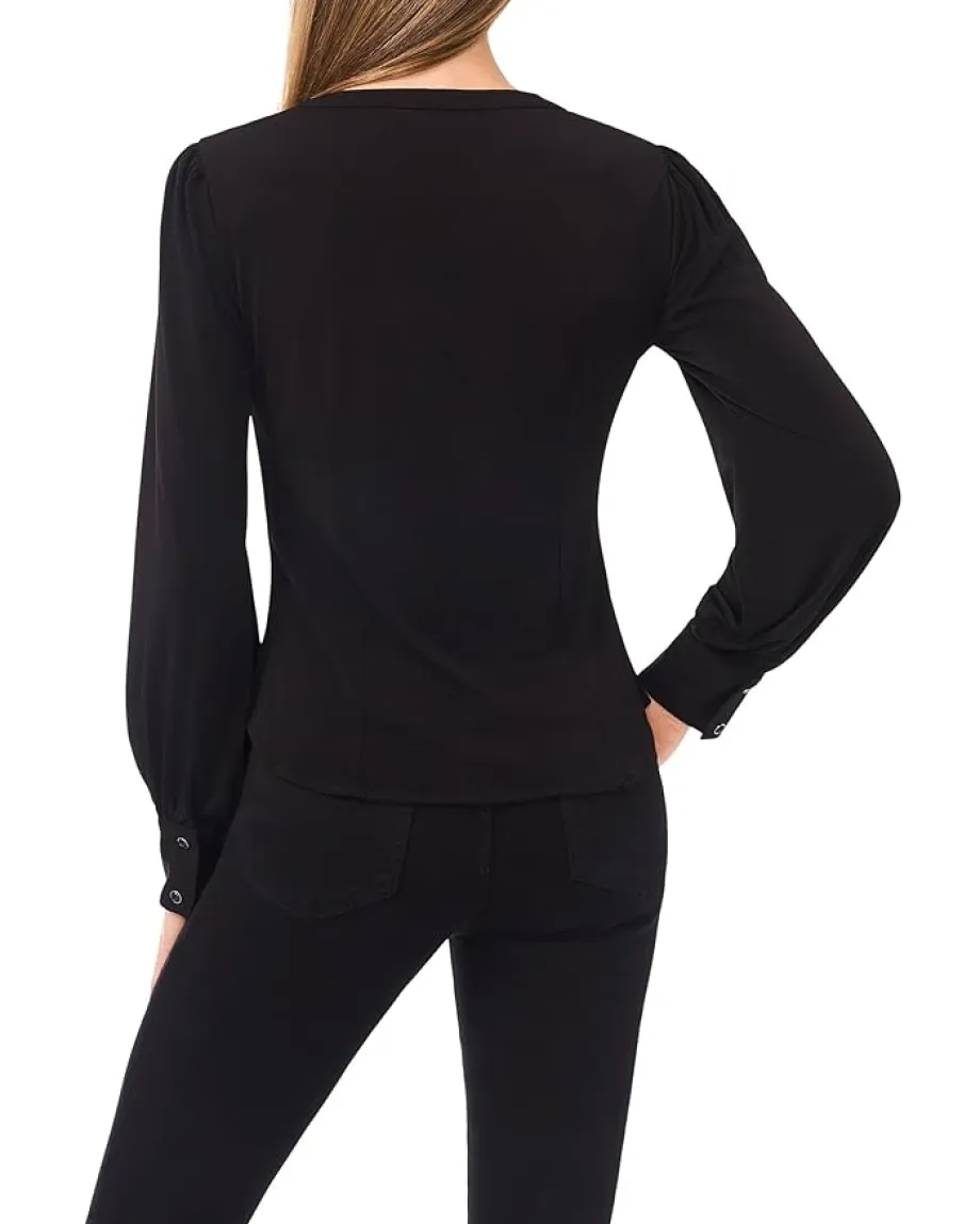 Women CeCe Long Sleeve V-neck Shirred Button Down Knit