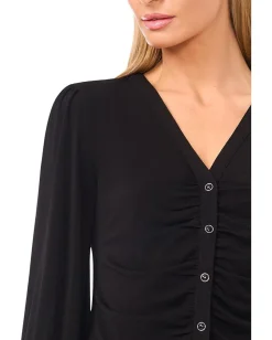 Women CeCe Long Sleeve V-neck Shirred Button Down Knit