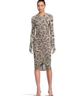 Norma Kamali Long Sleeve V-Neck Shirred Front Dress To Knee Fall Flowers Discount