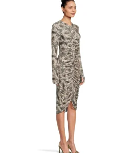 Norma Kamali Long Sleeve V-Neck Shirred Front Dress To Knee Fall Flowers Discount