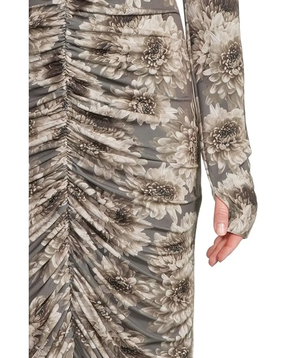 Norma Kamali Long Sleeve V-Neck Shirred Front Dress To Knee Fall Flowers Discount