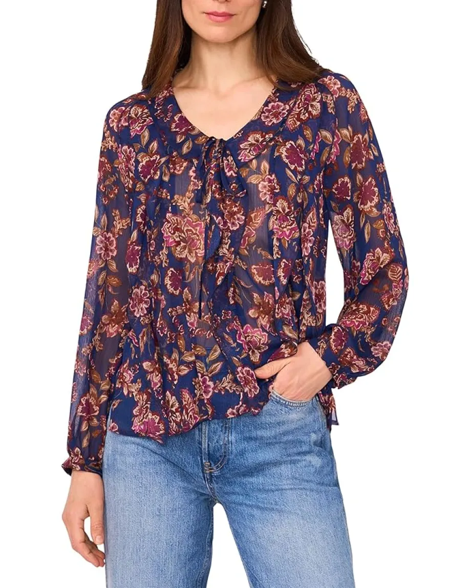 Women Vince Camuto Long Sleeve V-Neck with Centerfront Ruffle