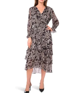 Vince Camuto Long Sleeved V-Neck Maxi with Tiered Skirt Rich Black Outlet