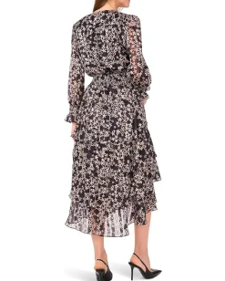 Vince Camuto Long Sleeved V-Neck Maxi with Tiered Skirt Rich Black Outlet