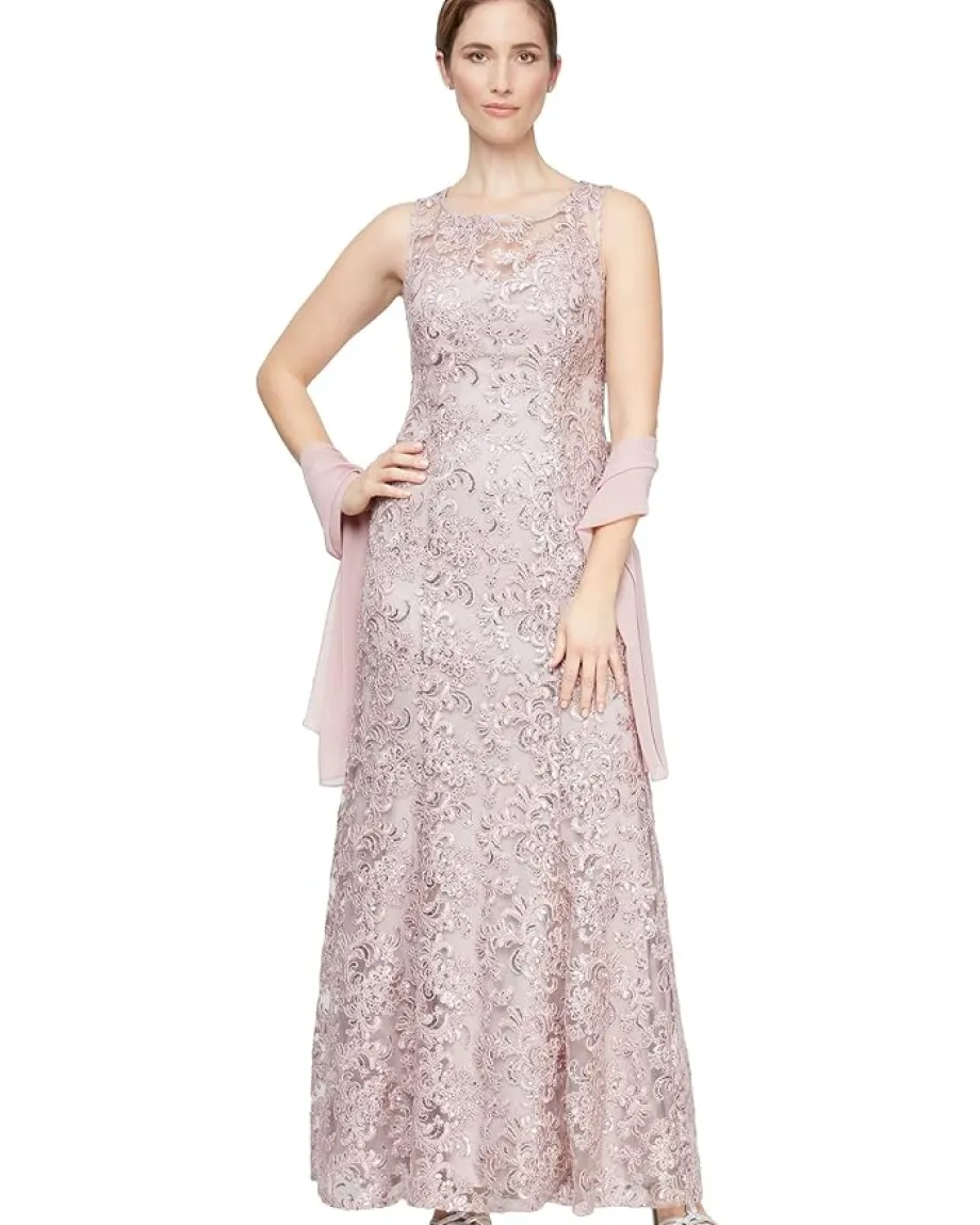 Women Alex Evenings Long Sleeveless Embroidered Dress
