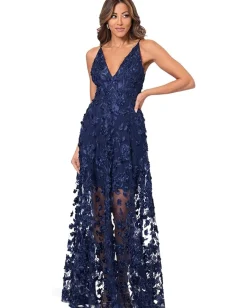 Women XSCAPE Long Soutache Mesh V Neck