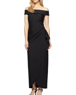 Alex Evenings Long Stretch Scuba Off The Shoulder Dress with Cascade Ruffle Black Hot