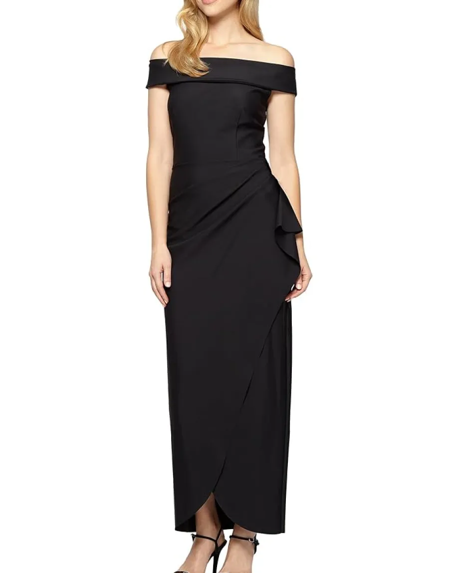 Alex Evenings Long Stretch Scuba Off The Shoulder Dress with Cascade Ruffle Black Hot