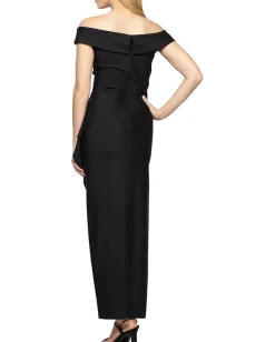 Alex Evenings Long Stretch Scuba Off The Shoulder Dress with Cascade Ruffle Black Hot