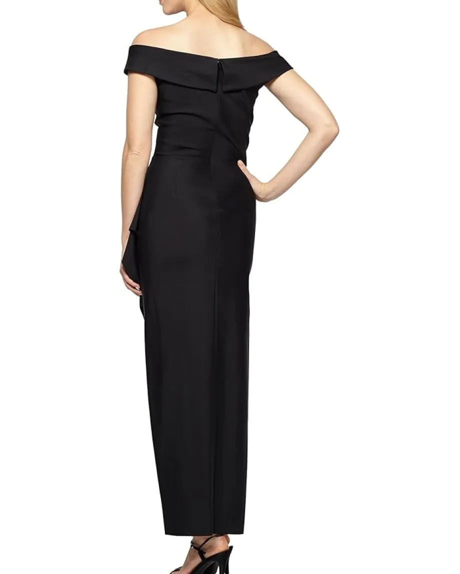 Alex Evenings Long Stretch Scuba Off The Shoulder Dress with Cascade Ruffle Black Hot