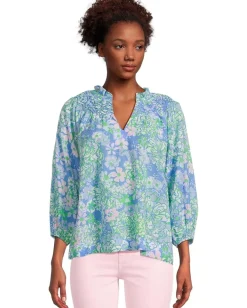 Lilly Pulitzer Lourdes 3/4 Sleeve Cotton Sunwashed Blue Plumes In Bloom Online