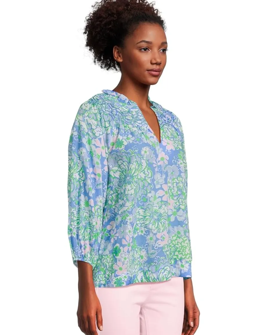 Lilly Pulitzer Lourdes 3/4 Sleeve Cotton Sunwashed Blue Plumes In Bloom Online