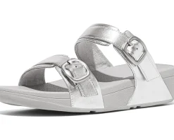 Women FitFlop Lulu Adjustable-Buckle Metallic-Leather Slides