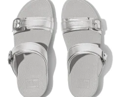 Women FitFlop Lulu Adjustable-Buckle Metallic-Leather Slides